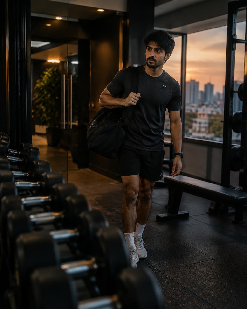 Traveller with a duffel bag arriving at a gym in another city