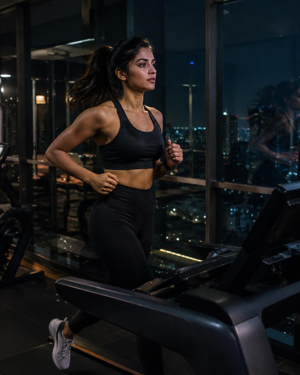 Woman running on a treadmill in a gym overlooking a city at night