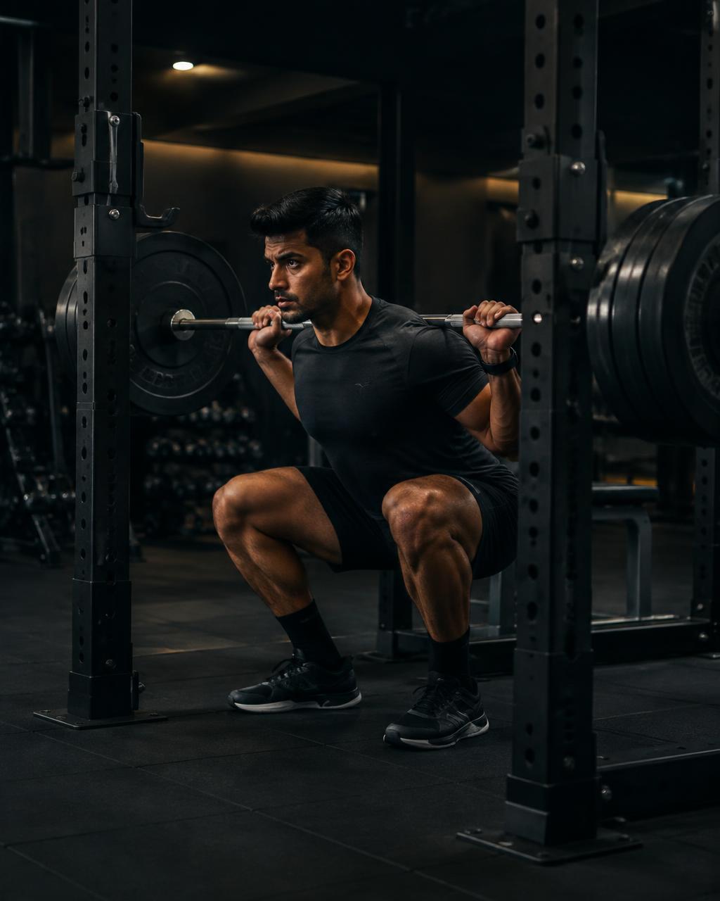 Man performing a barbell squat in a modern Indian gym