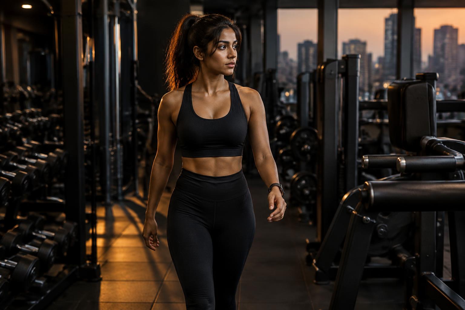 Young Indian woman walking through a modern premium gym at dusk