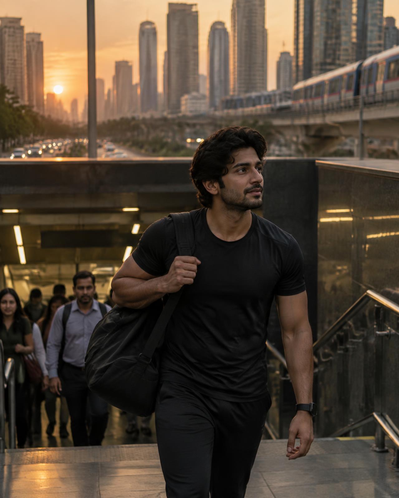 Young professional with a gym bag stepping out of a metro station in a modern Indian city